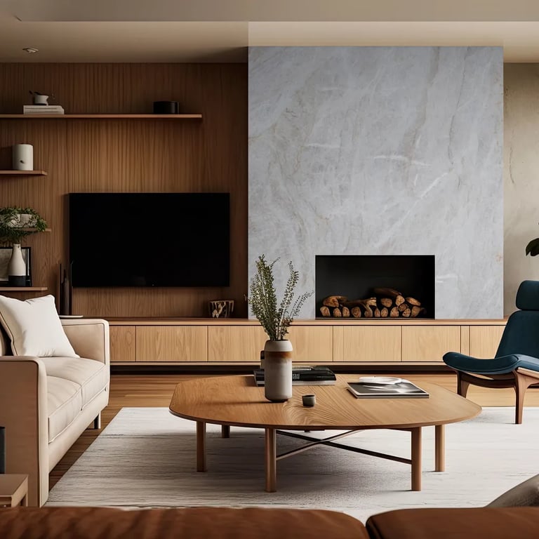 Taj Mahal Satin quartzite fireplace surround in living room.