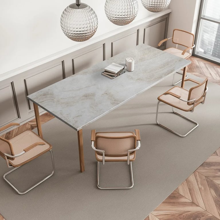 Taj Mahal Satin quartzite dining room table in kitchen.