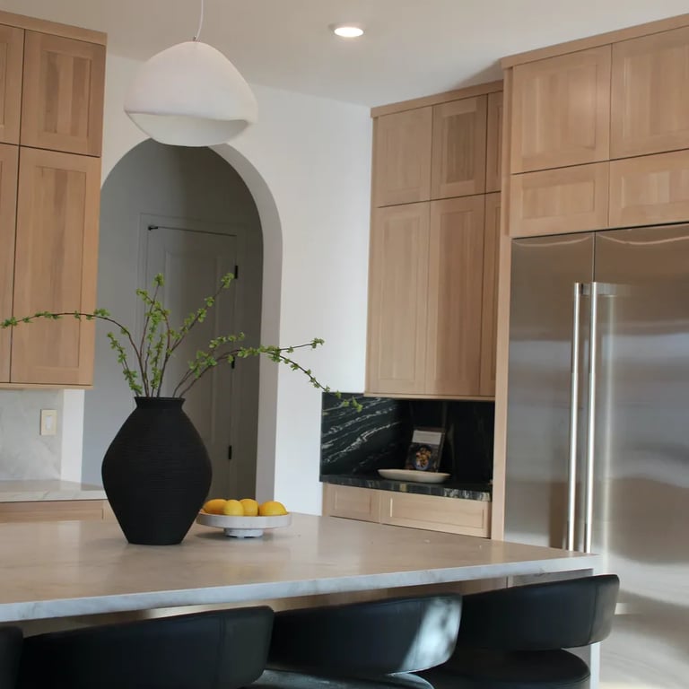 Taj Mahal Satin (Island & left counter/backsplash) & Belvedere Satin (right counter & backsplash)