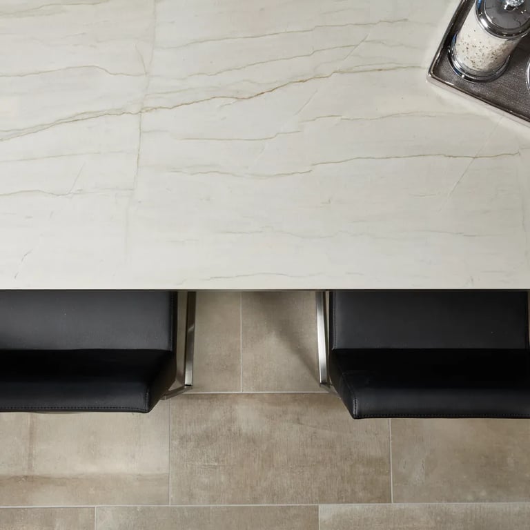 White Lux (counter) & Reside Brown 12 x 24 (floor)