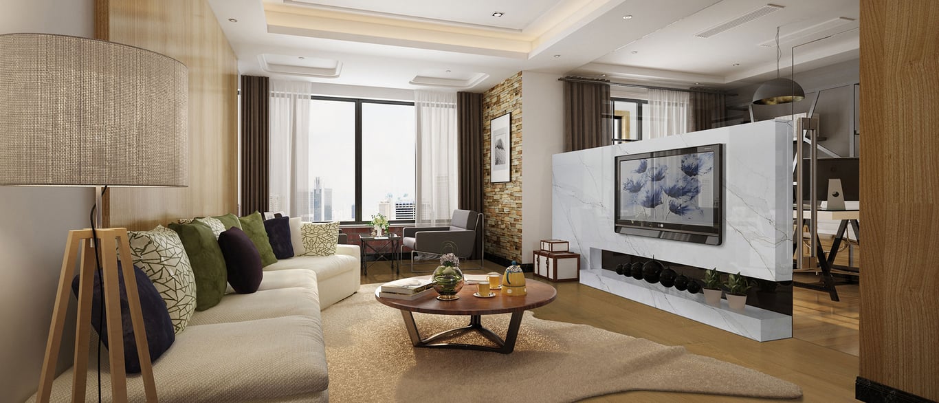 Calacatta Abezzo Quartz Slab as Partial Wall in Living Room