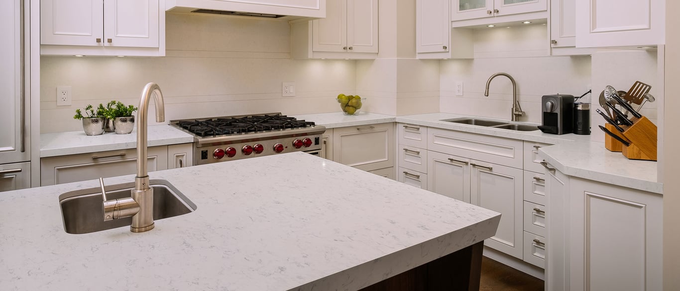 Carrara Lumos Quartz Countertop in Kitchen Island