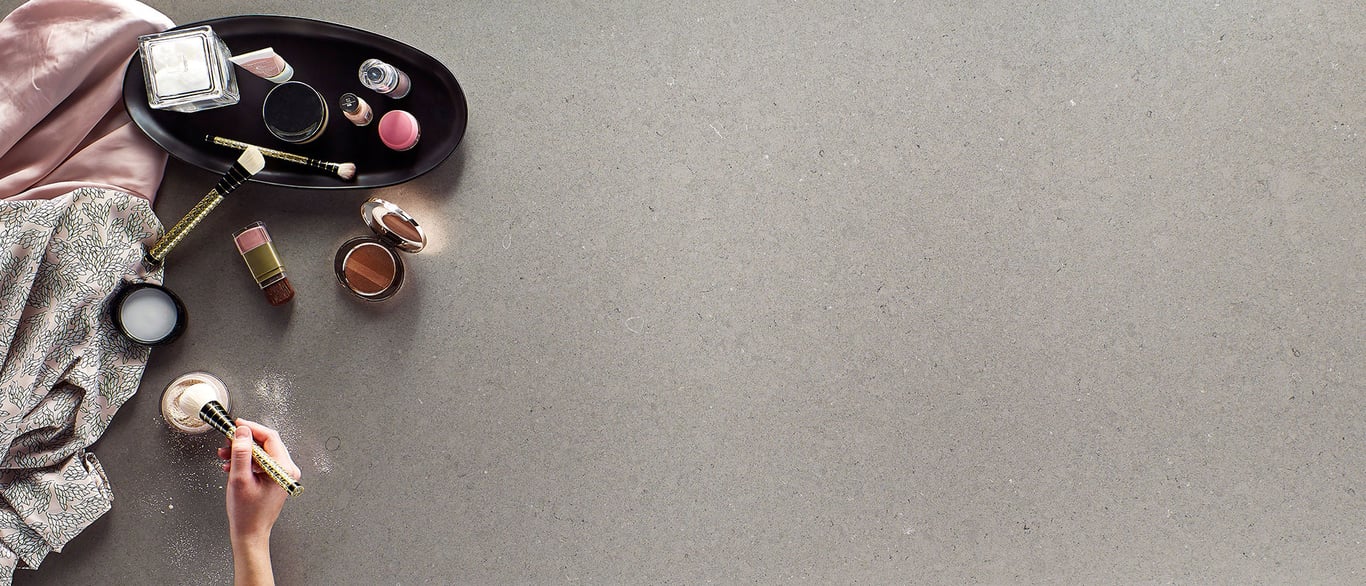 Fossil Gray Quartz Countertop with a Decorative Vignette
