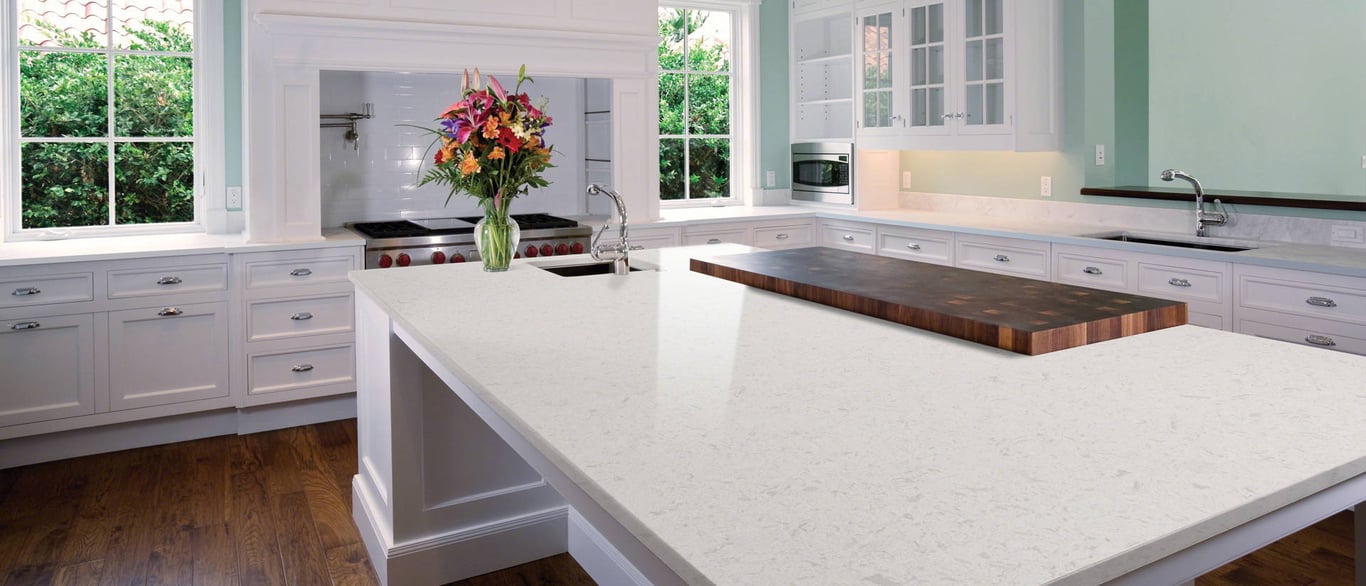 Glacier White Quartz Countertop in Kitchen Island