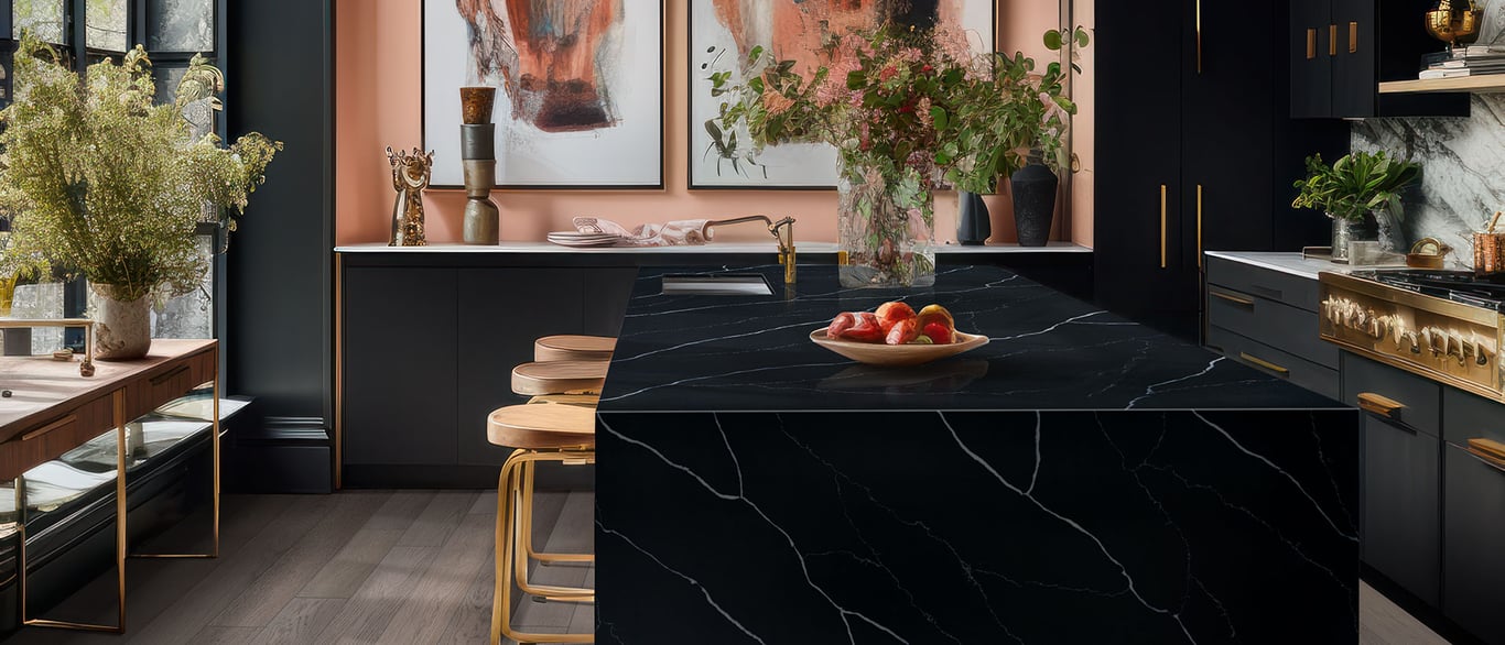 Marquina Midnight Quartz Countertop in Kitchen