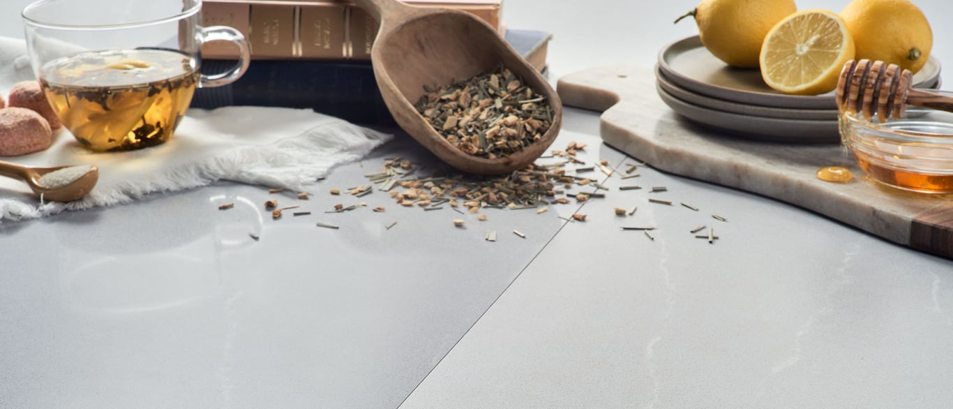 Soapstone Mist Concrete Quartz Countertop with a Culinary Vignette