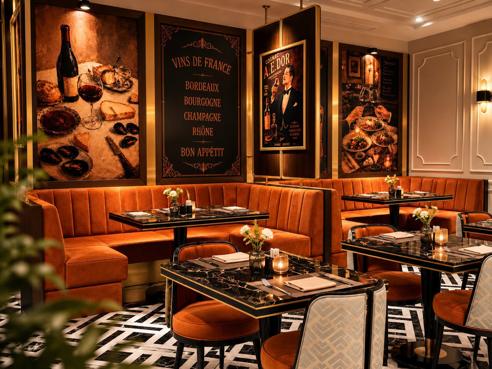 Velvet banquette seating under warm lighting — Lumé · Classyc Hàng Buồm