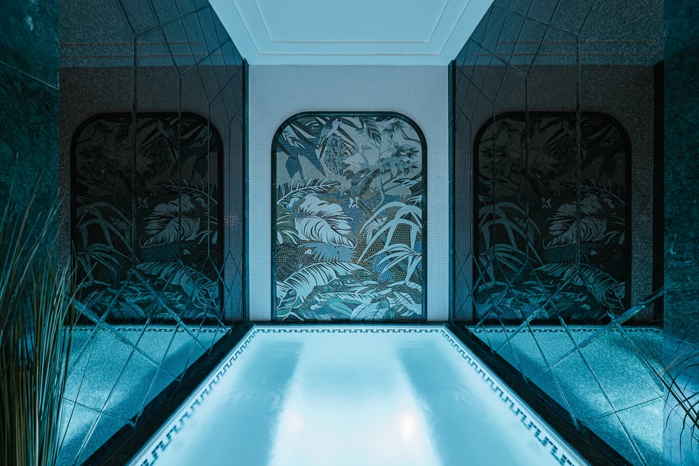 The Jacuzzi pool beneath arched foliage murals