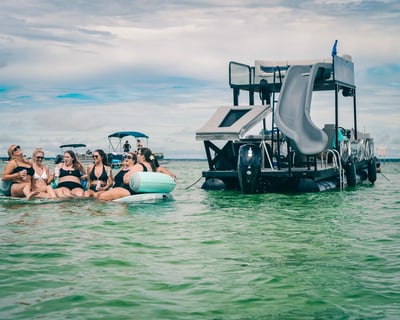 Double-Decker Pontoon with Slide, Trampoline and Paddleboard