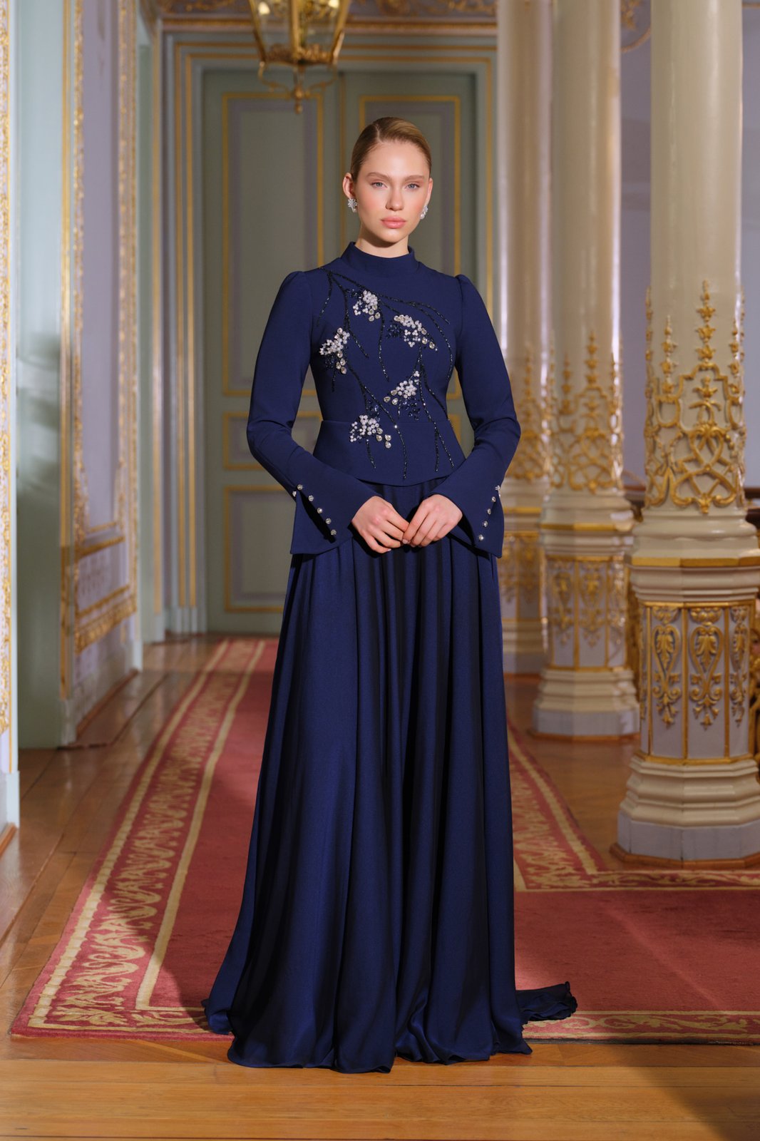 Berta İşlemeli Elbise - Lacivert