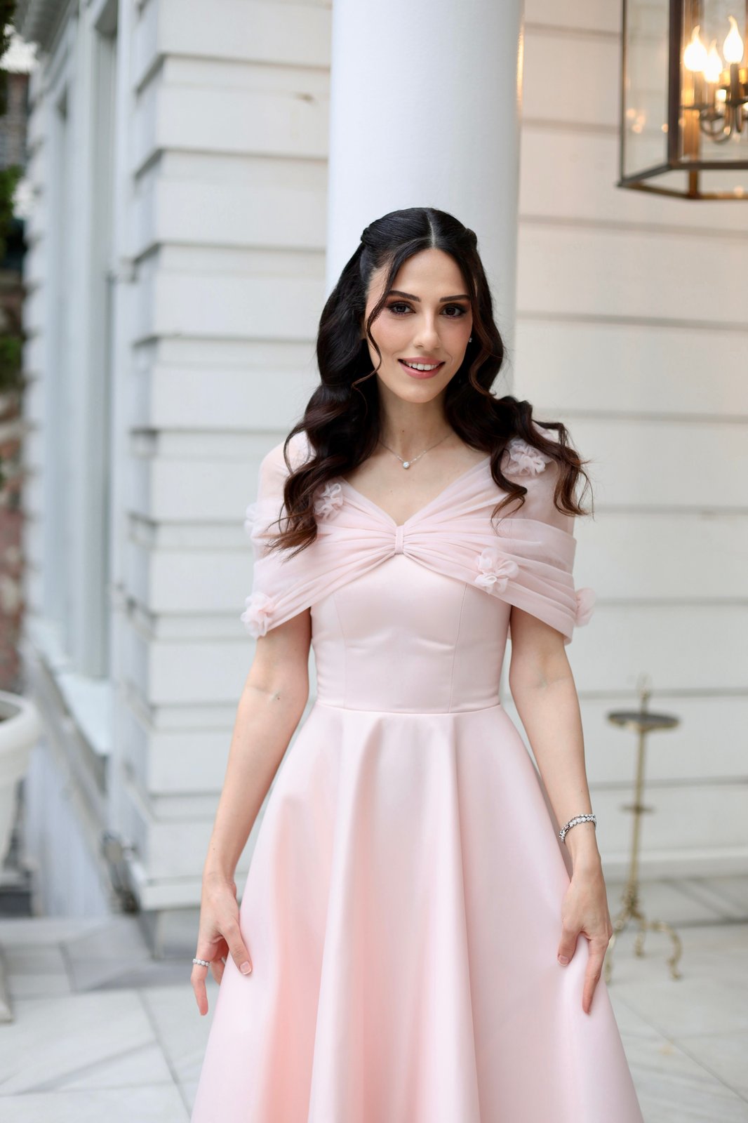 Flower Düşük Omuz Elbise - Pembe