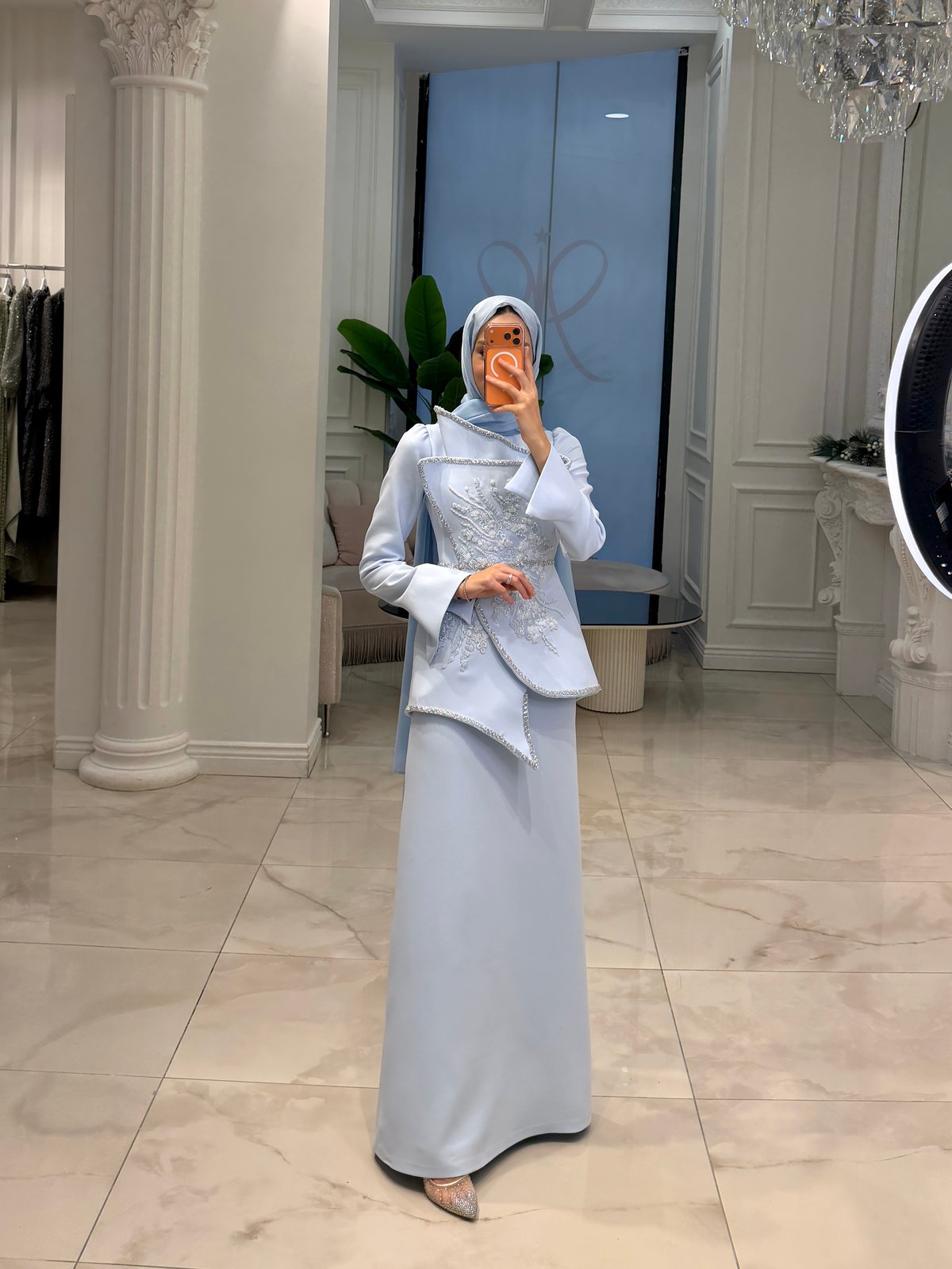 Raya İşlemeli Elbise - Mavi