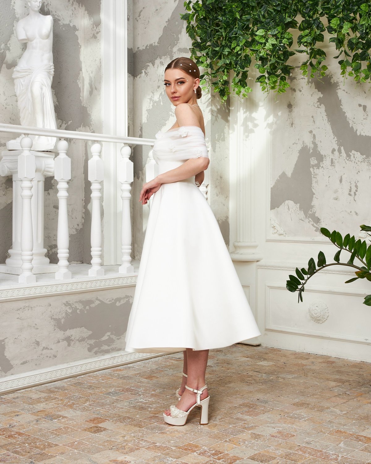 Flower Düşük Omuz Elbise - Beyaz