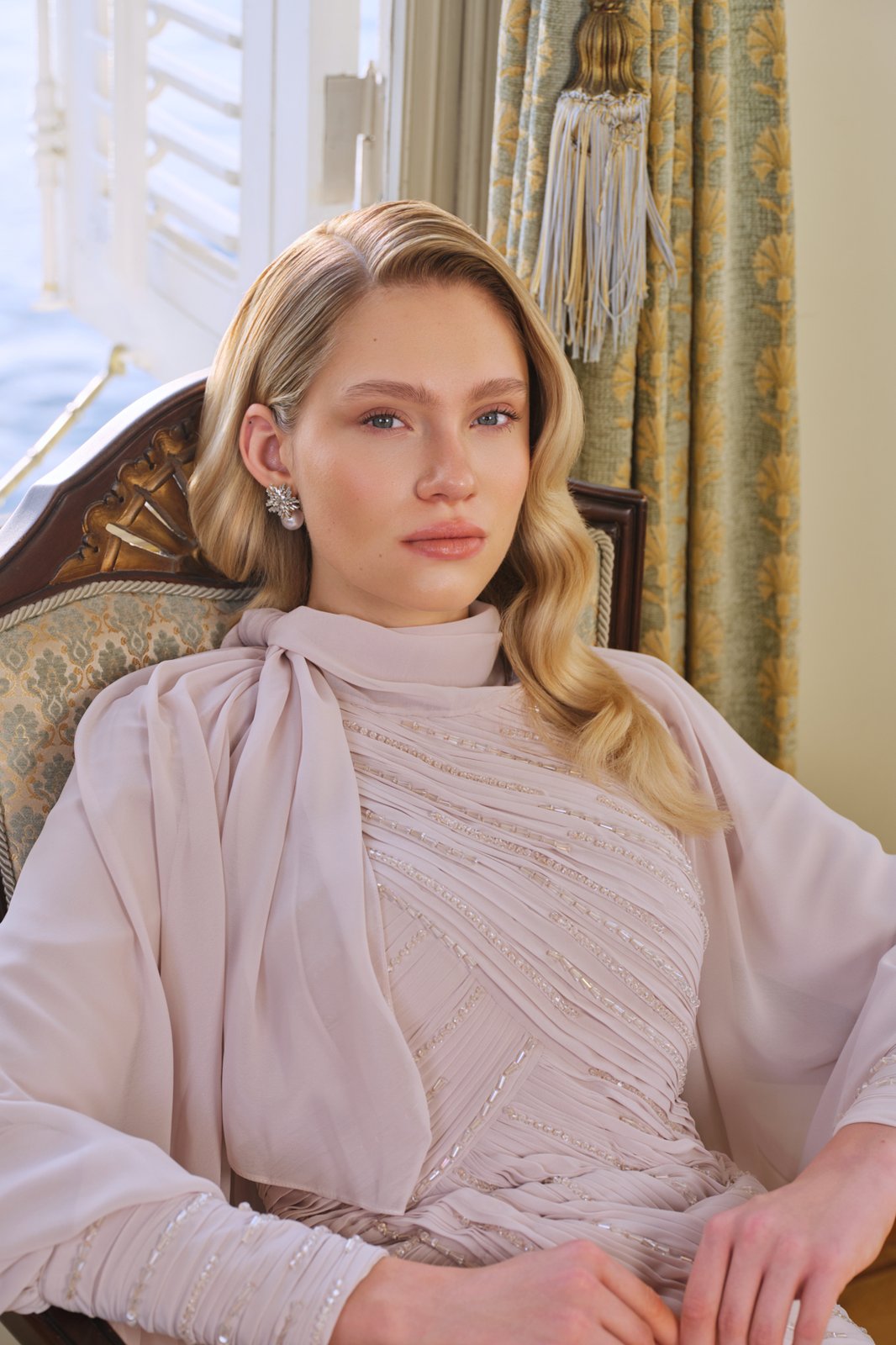 Fancy Drapeli Elbise - Bej