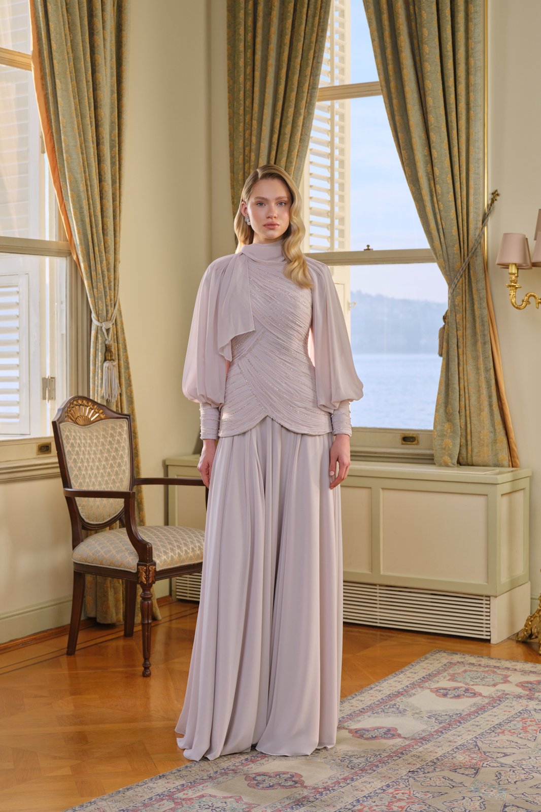 Fancy Drapeli Elbise - Bej