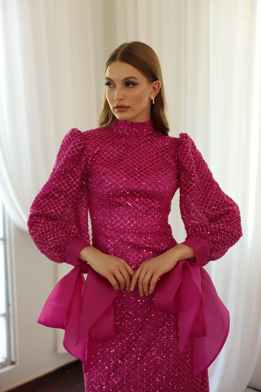 Pamela Kol Detaylı Elbise - Fuşya