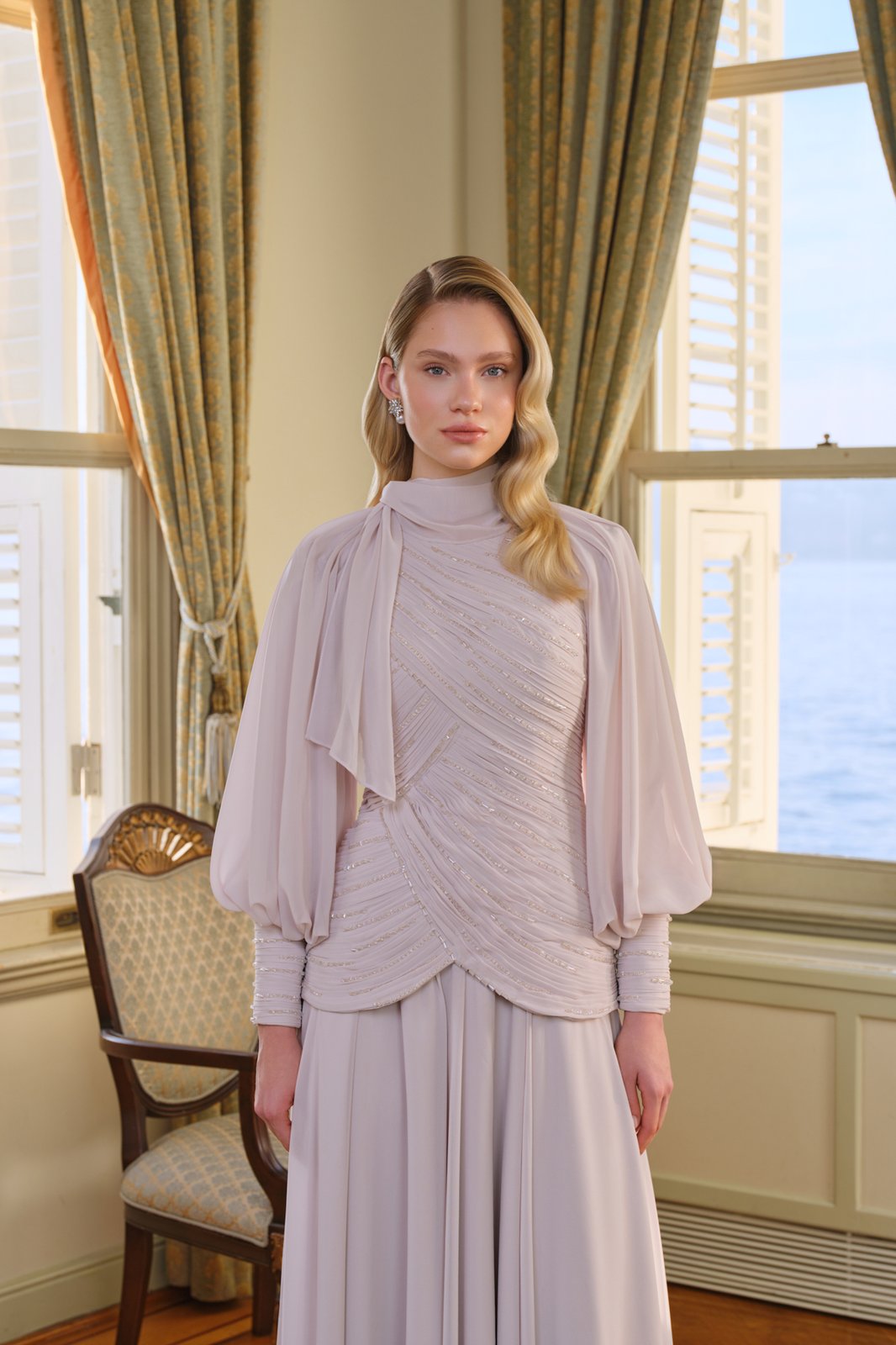 Fancy Drapeli Elbise - Bej