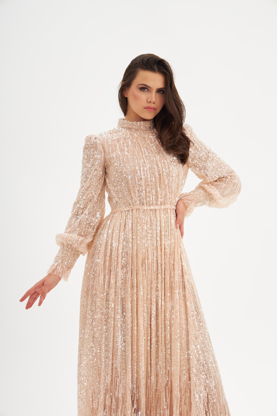 Light İşlemeli Elbise - Pudra