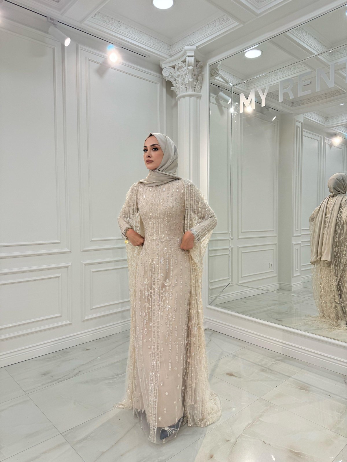 Roma Pelerinli Elbise - Bej