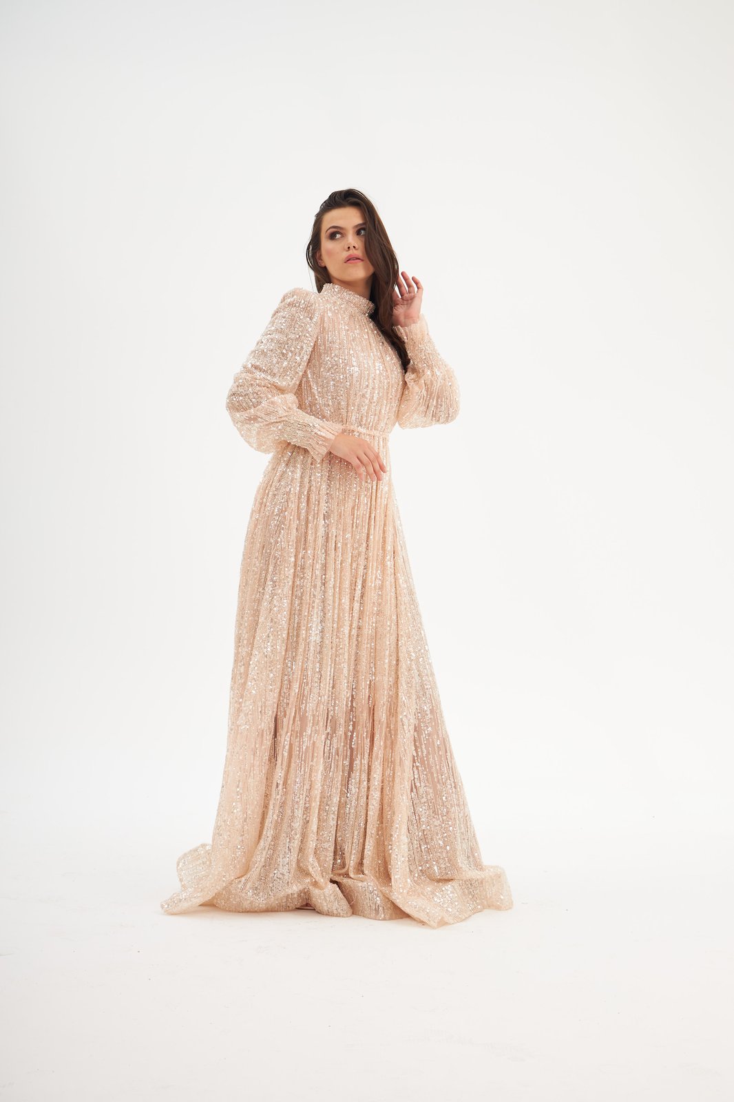 Light İşlemeli Elbise - Pudra