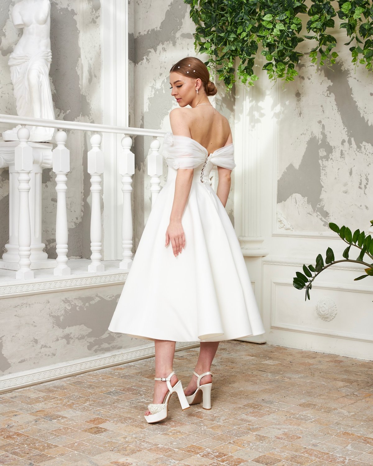 Flower Düşük Omuz Elbise - Beyaz