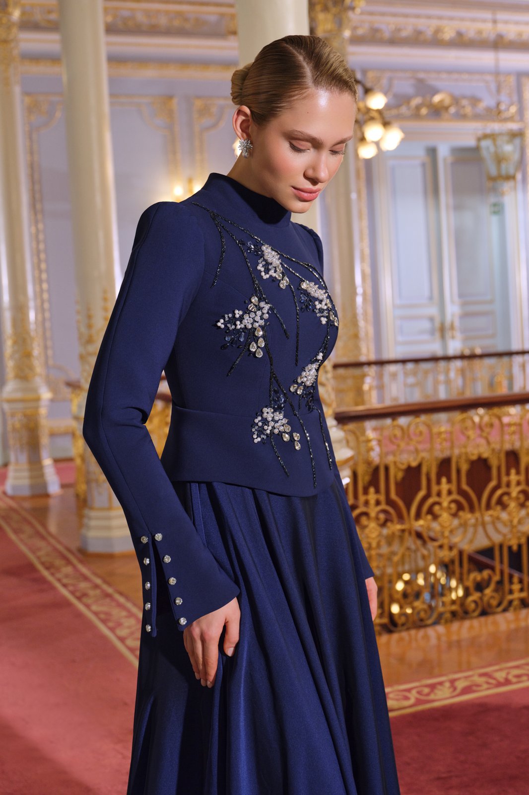 Berta İşlemeli Elbise - Lacivert