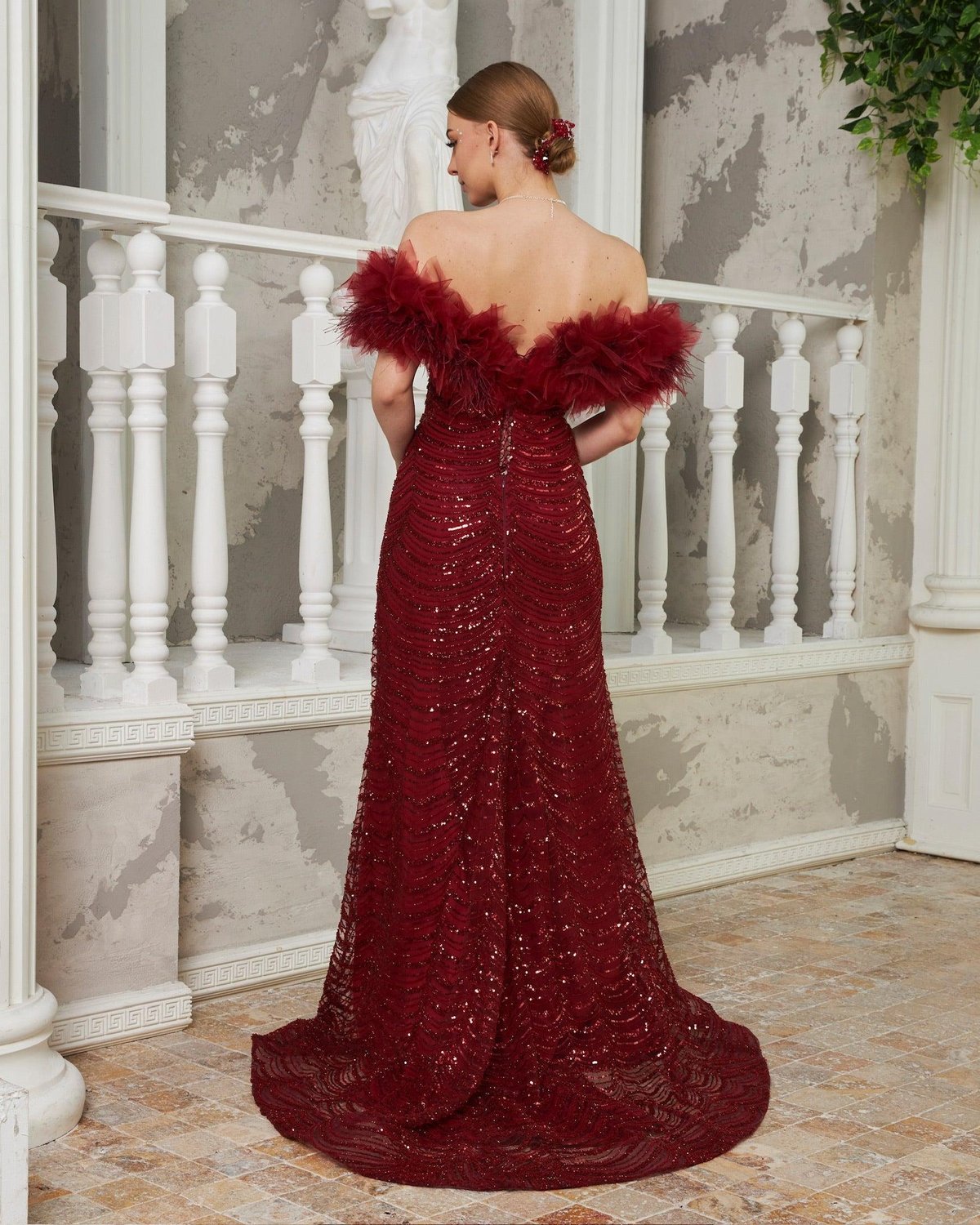 Lotus Omuz Detaylı Elbise - Bordo