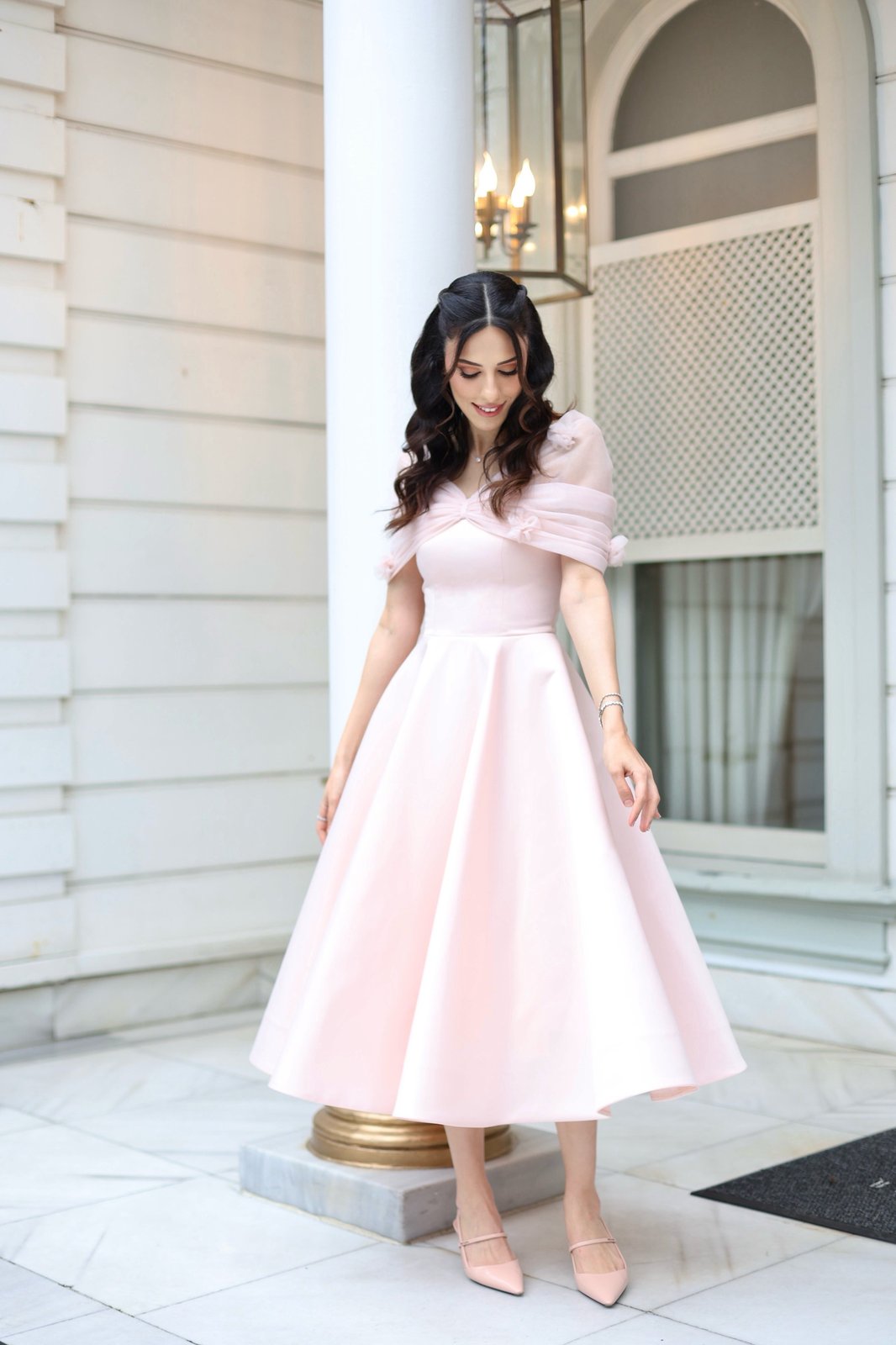 Flower Düşük Omuz Elbise - Pembe