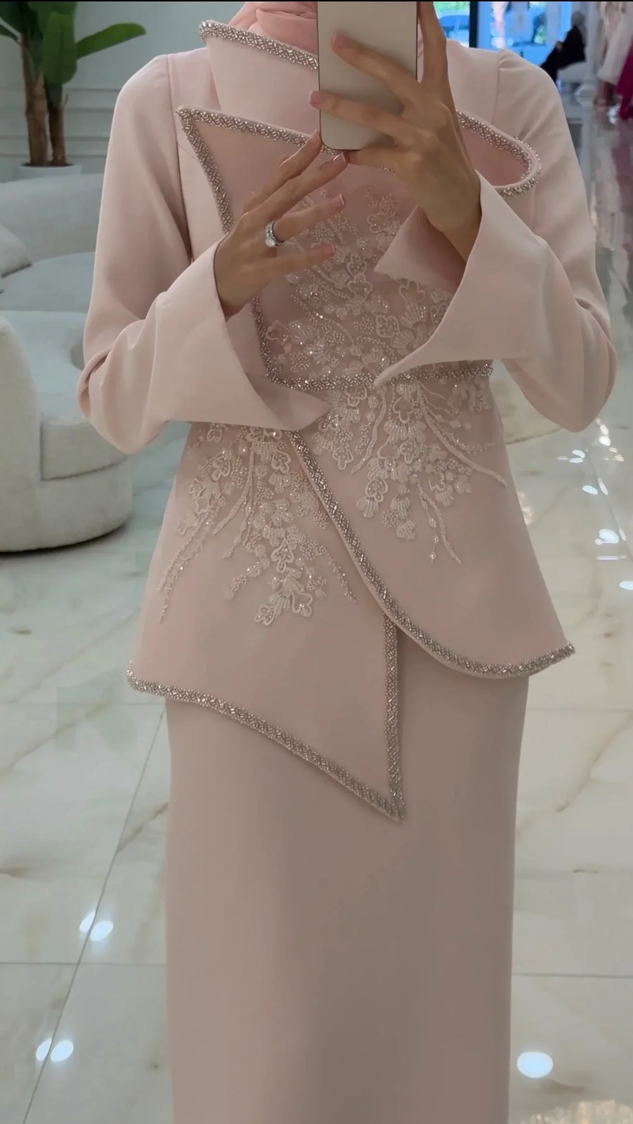 Raya İşlemeli Elbise - Pudra