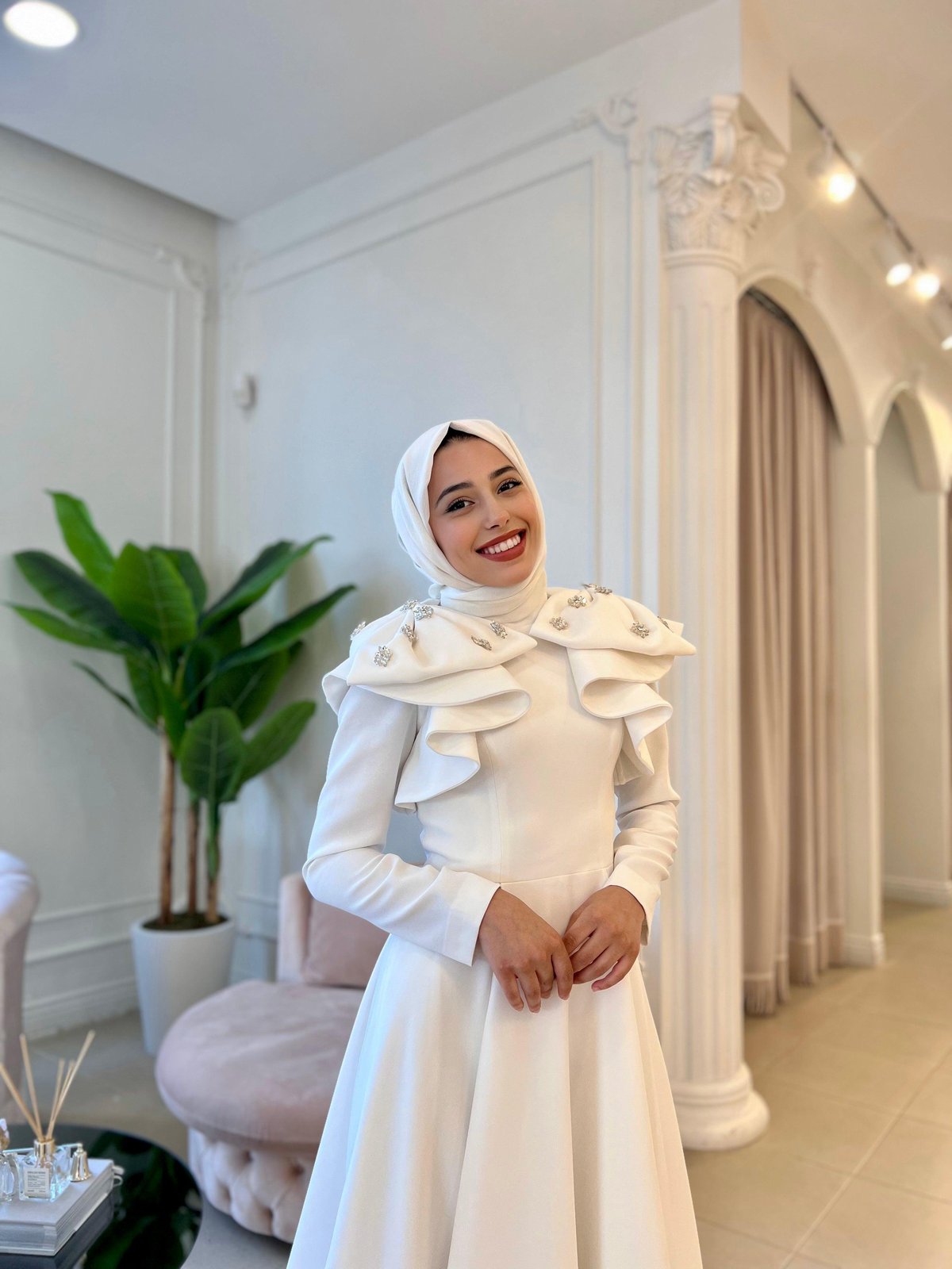 Spring Taşlı Elbise - Beyaz