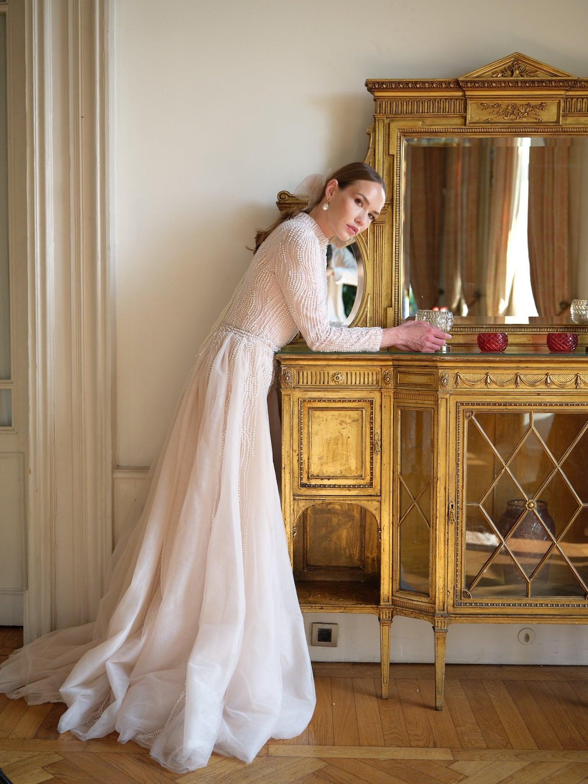 Line İncili Elbise - Pudra