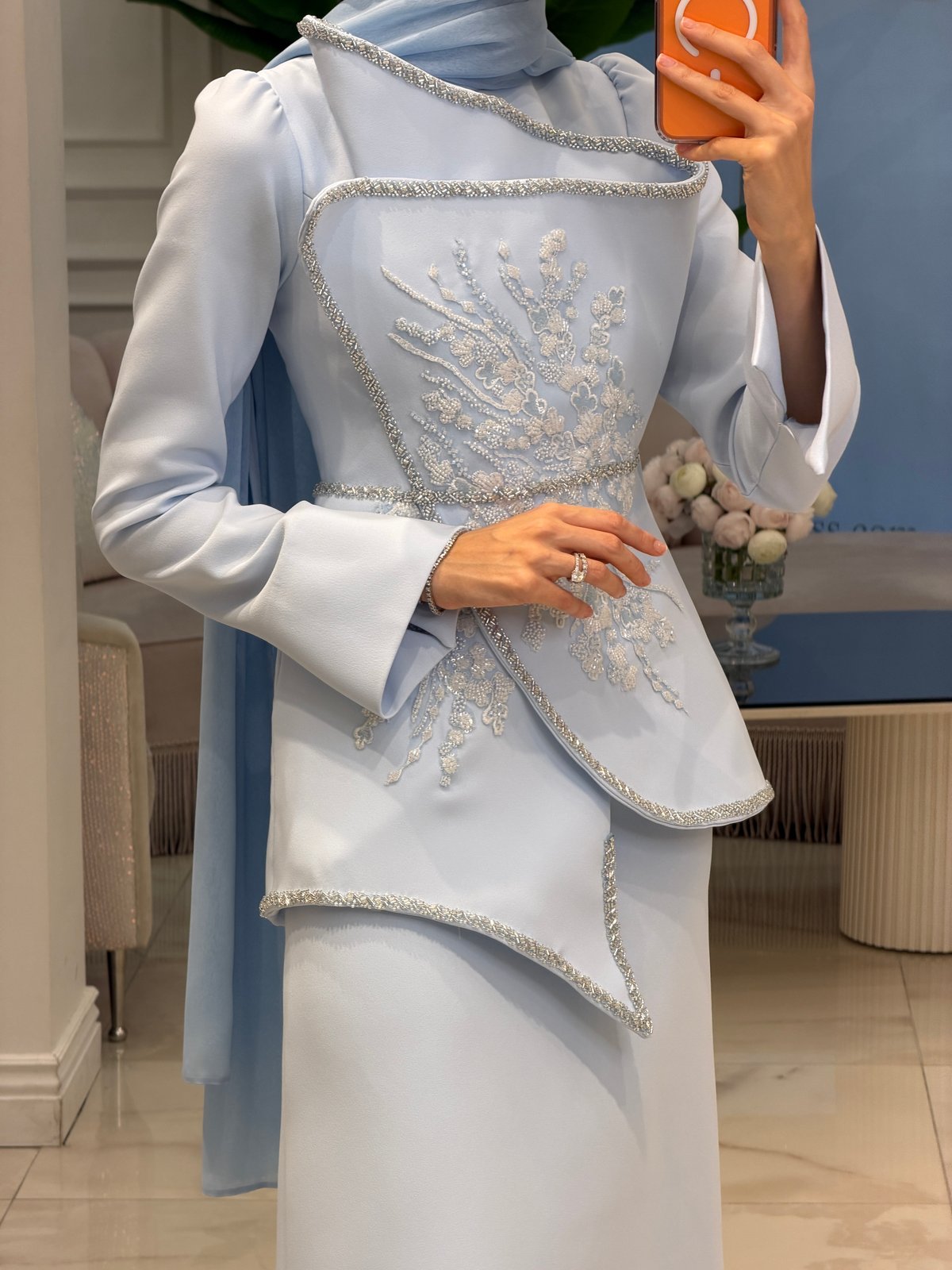 Raya İşlemeli Elbise - Mavi