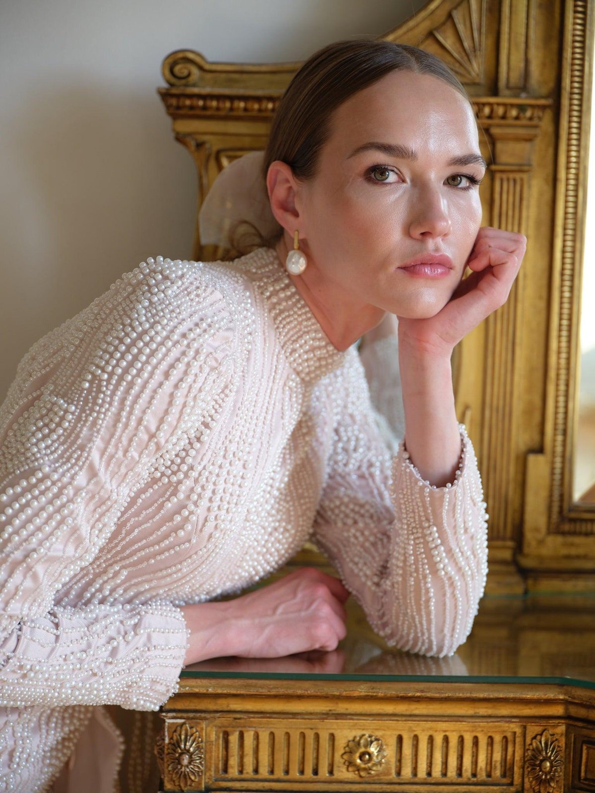 Line İncili Elbise - Pudra