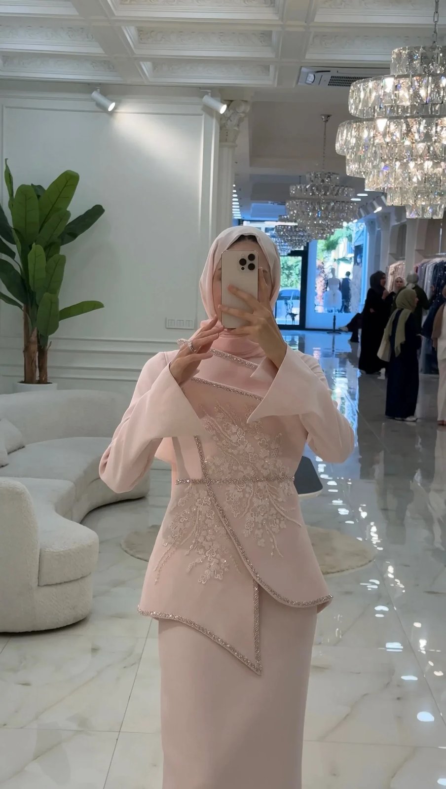 Raya İşlemeli Elbise - Pudra