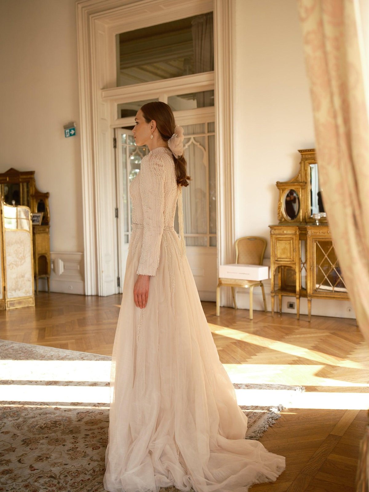 Line İncili Elbise - Pudra