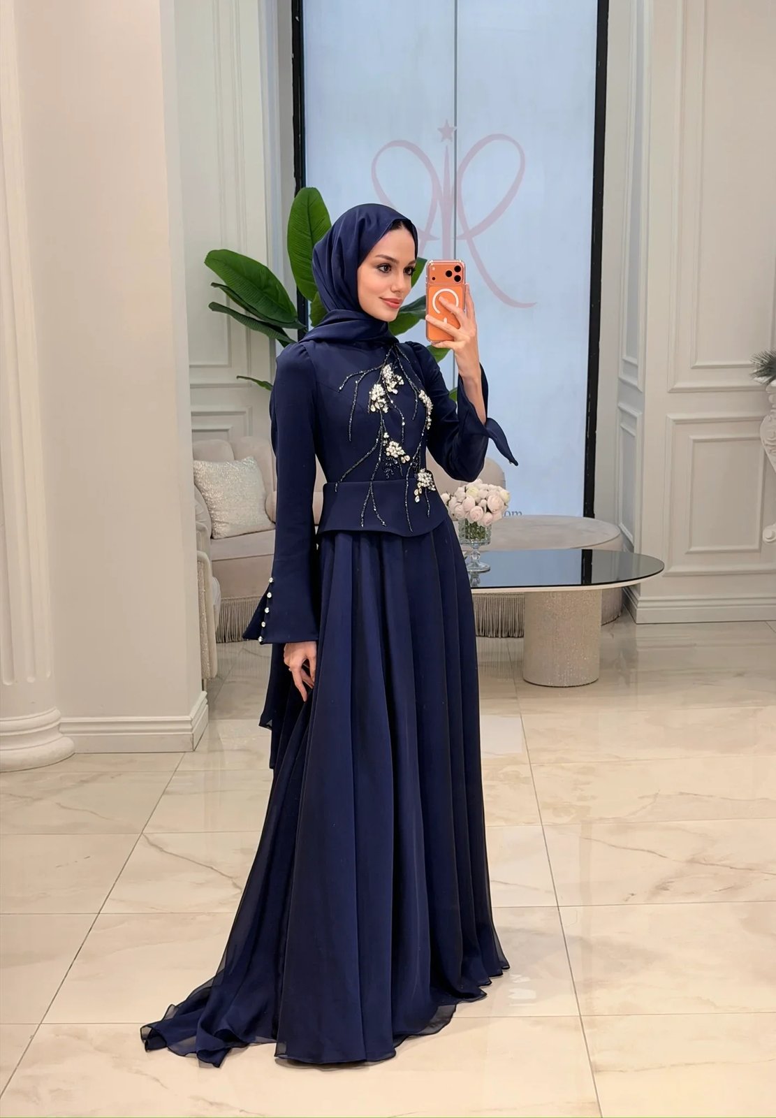 Berta İşlemeli Elbise - Lacivert