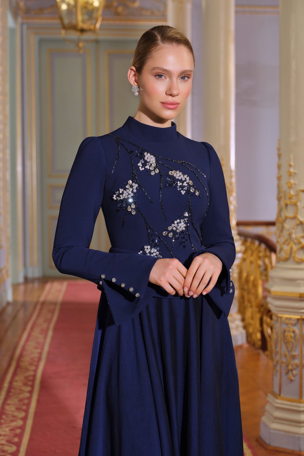 Berta İşlemeli Elbise - Lacivert