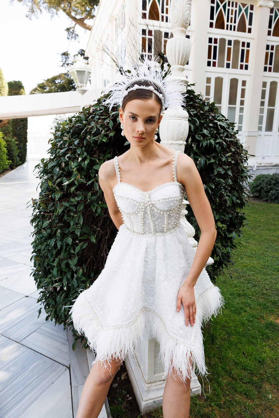 Leslie İncili Elbise - Beyaz