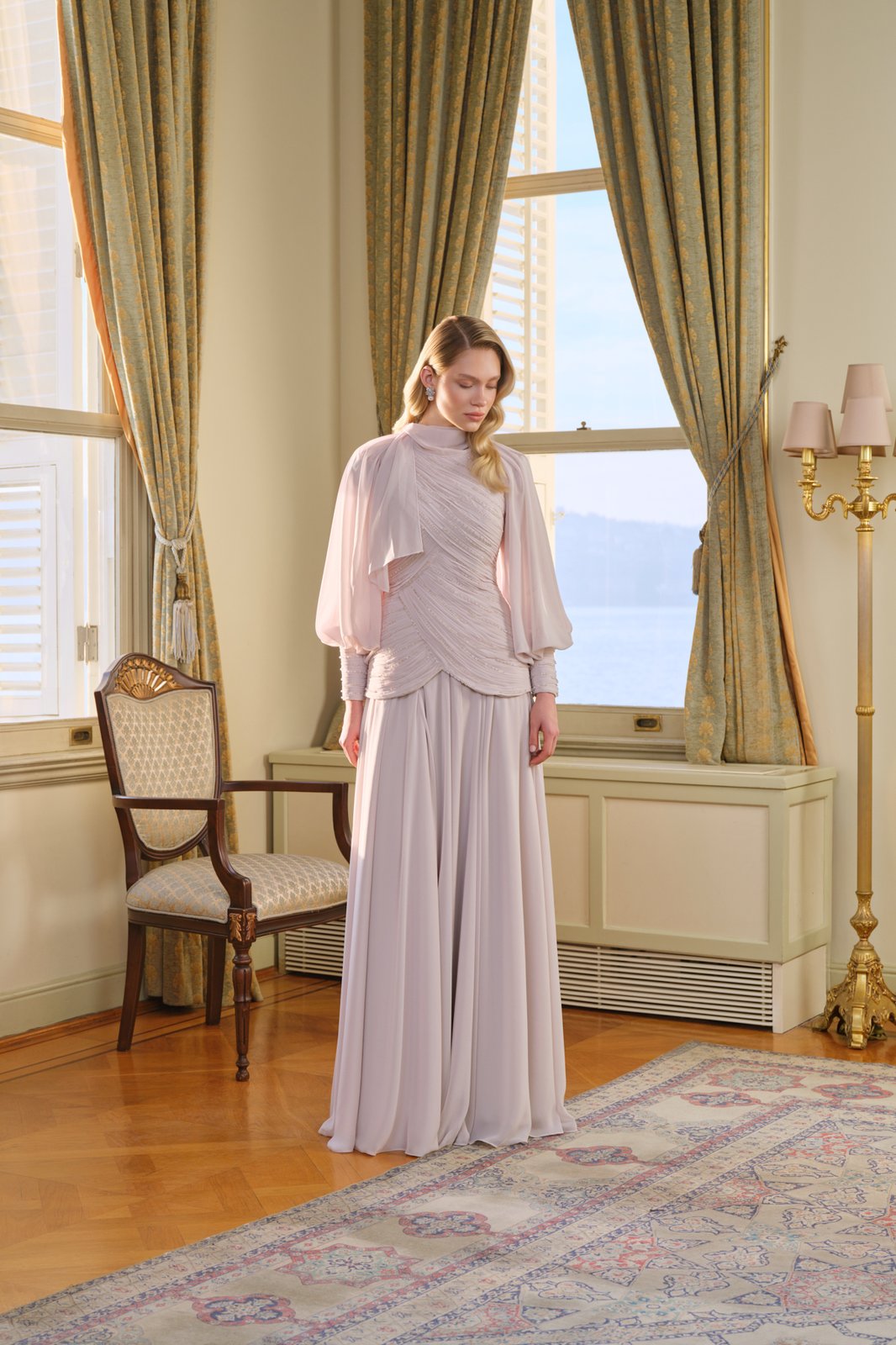 Fancy Drapeli Elbise - Bej