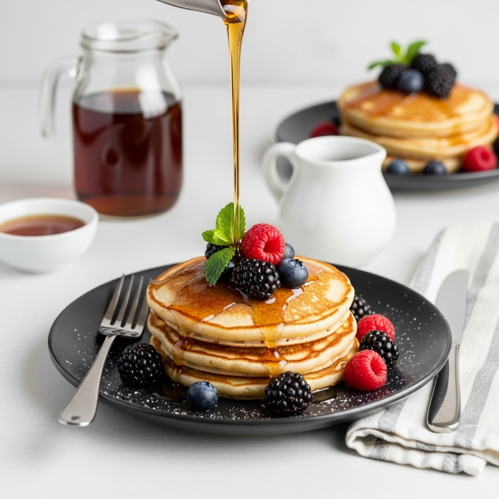 Pancakes topped with berries and maple syrup