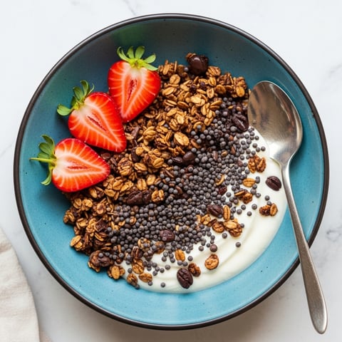 Quick & Easy Vegan Chocolate Granola & Strawberry Yogurt Breakfast Bowl