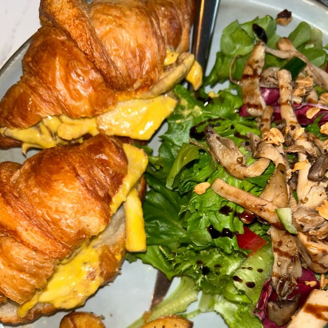 Photo of the dish “A1 - Garlic Cheese, Mushroom, Vegan Croissant, Sauteed Mushroom, Pan-Fried Potato”