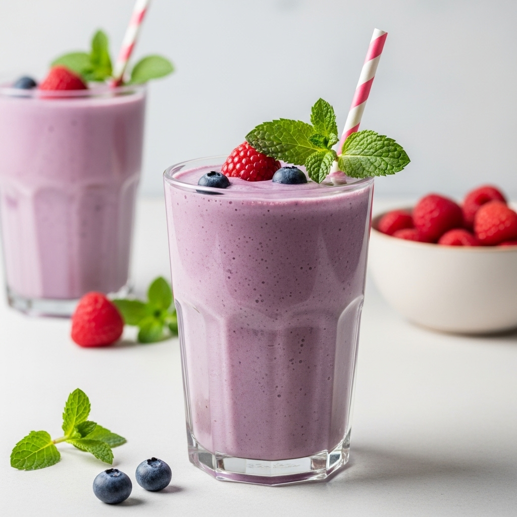A refreshing blended vegan protein shake in a clear glass, perfect for a quick energy boost.