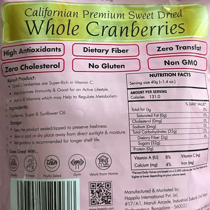 photo of Happilo Californian Premium Sweet Dried Whole Cranberries shared by @plantbasedratna on  01 May 2024 - review