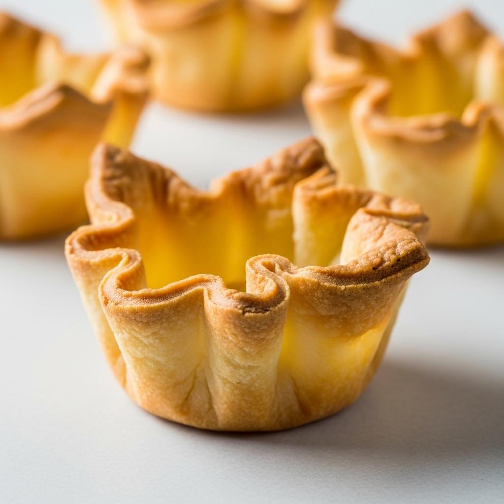 Close-up of a golden-brown vegan shortcrust basket, perfectly formed and ready to be filled, showcasing the delicate texture of the pastry.