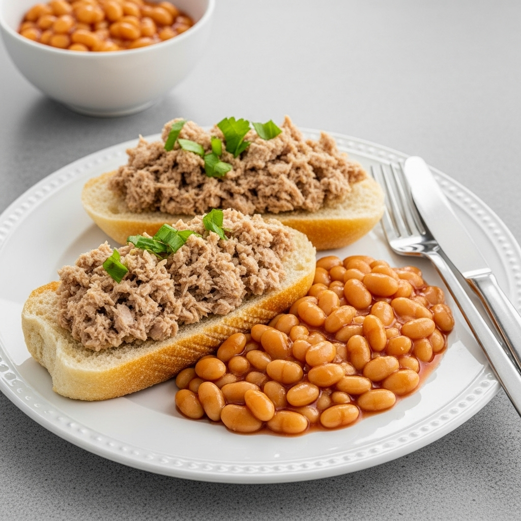A full plate featuring vegan tuna alternative on French loaf and baked beans