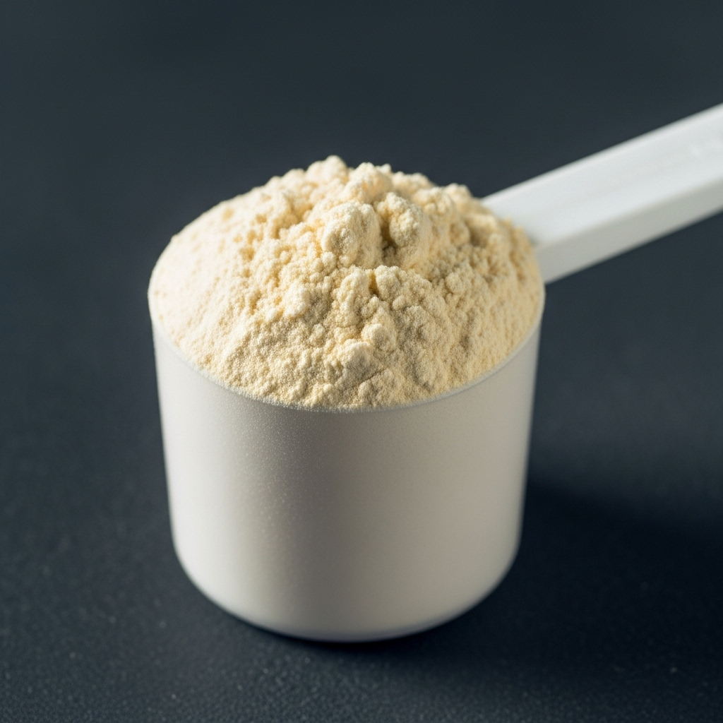 A clean white scoop filled with unflavored protein powder, ready to be added to a recipe.