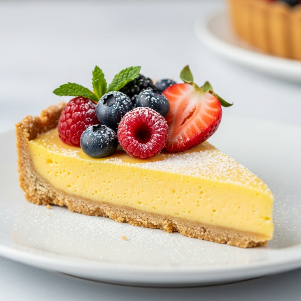 A slice of creamy, tangy homemade vegan lemon tart with a crisp crust, garnished with fresh berries and powdered sugar.