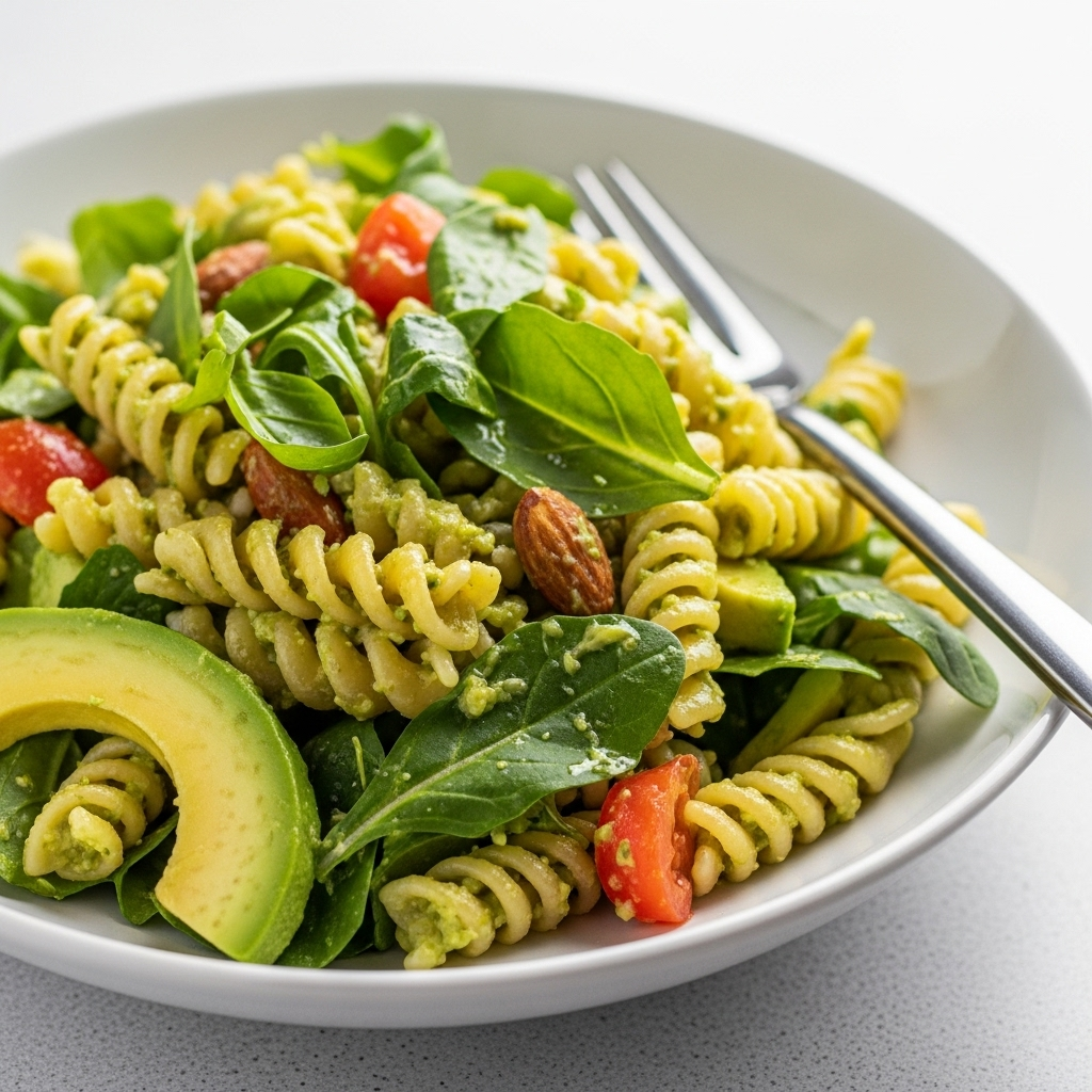 Close-up of Fresh Vegan Spring Pasta Salad with Avocado Almond Pesto