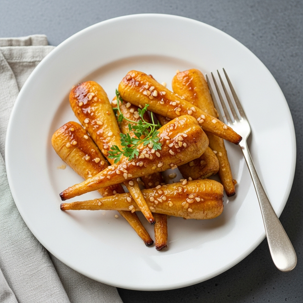 Golden brown and perfectly glazed parsnips, ready to serve as a side dish.